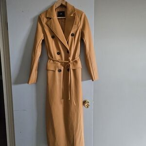 7 For All Mankind Camel Double-Breasted Long Trench Coat